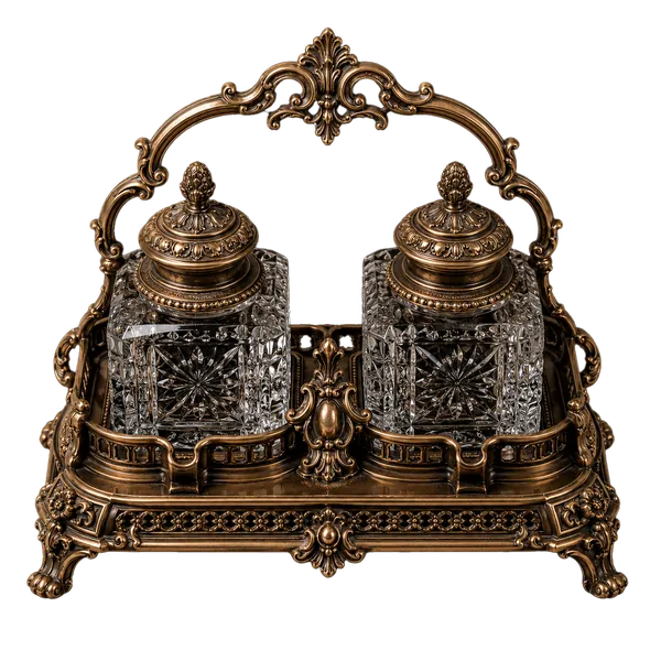 A Victorian brass and cut-crystal double inkstand