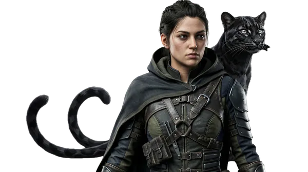 Charley Blackwood, a nekomata assassin, with a black panther at her shoulder